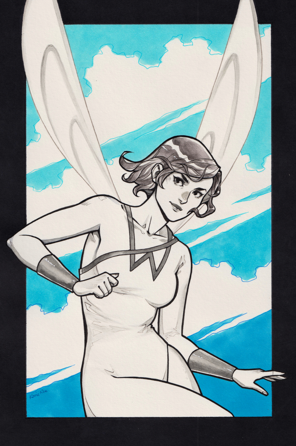 1girl, black_border, border, breasts, clouds, commentary, english_commentary, greyscale_with_colored_background