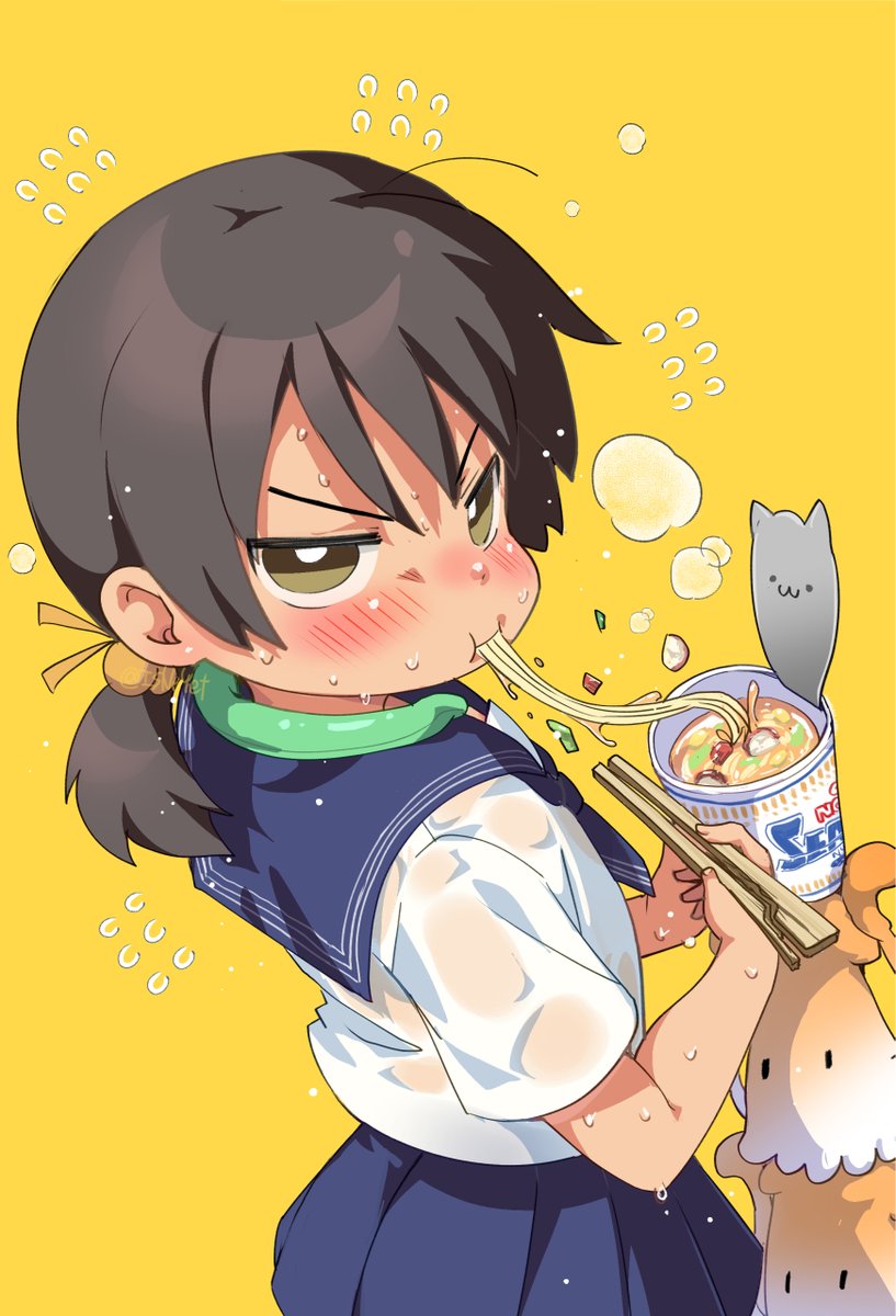 1girl, :t, black_hair, blue_sailor_collar, blush, chopsticks, commentary_request, cup