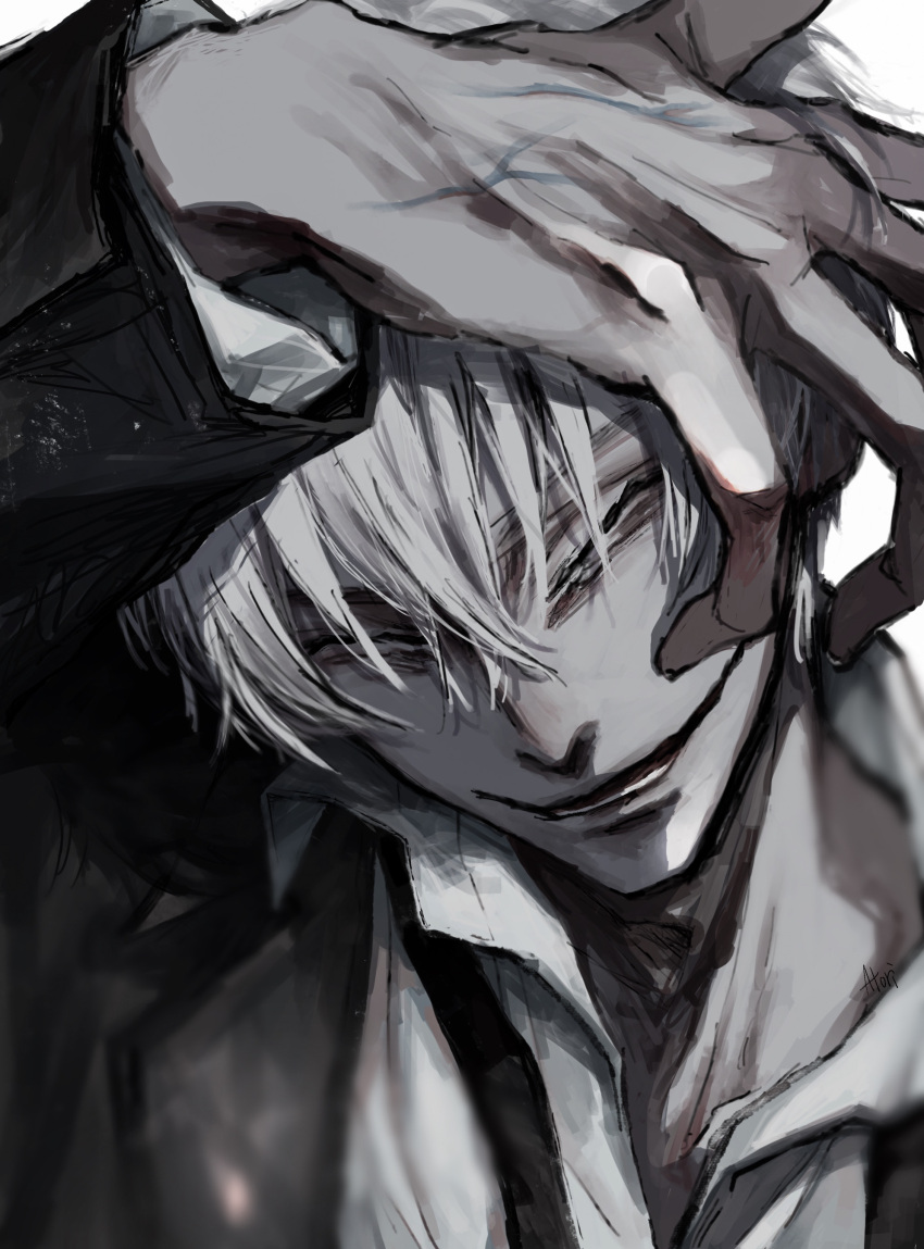 1boy, absurdres, black_suit, bleach, closed_eyes, collared_shirt, evil_smile, formal