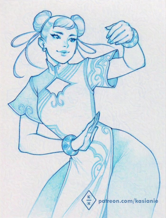 1girl, blue_theme, bracelet, breasts, chun-li, cleavage_cutout, clothing_cutout, commentary