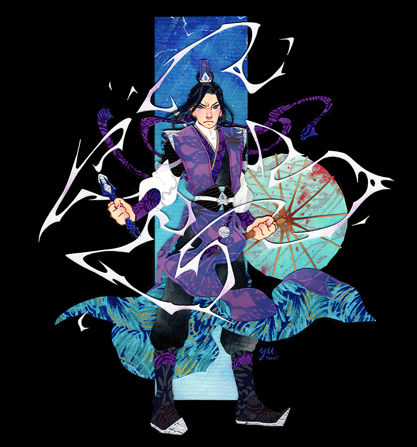 1boy, belt, black_background, black_belt, black_footwear, black_hair, blue_background, blue_eyes