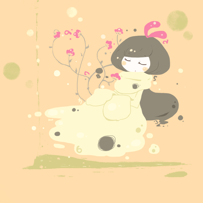 1girl, black_hair, closed_eyes, dress, flower, inishie, long_hair, ophelia_(pop'n_music)