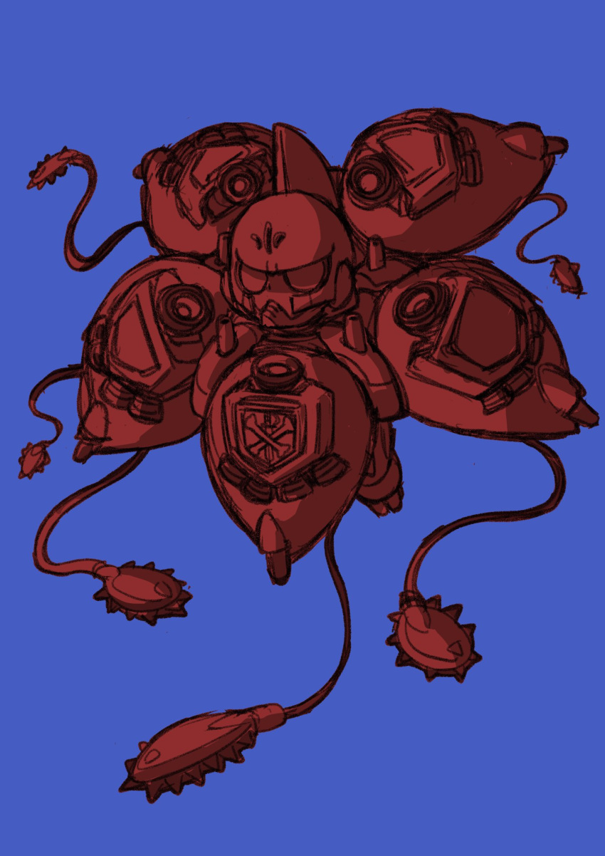 blue_background, commentary_request, crossbone_vanguard, flying, full_body, gundam, gundam_f91, helmet, highres, izuna_yoshitsune, mobile_armor, rafflesia_(gundam), simple_background, tentacles, thrusters