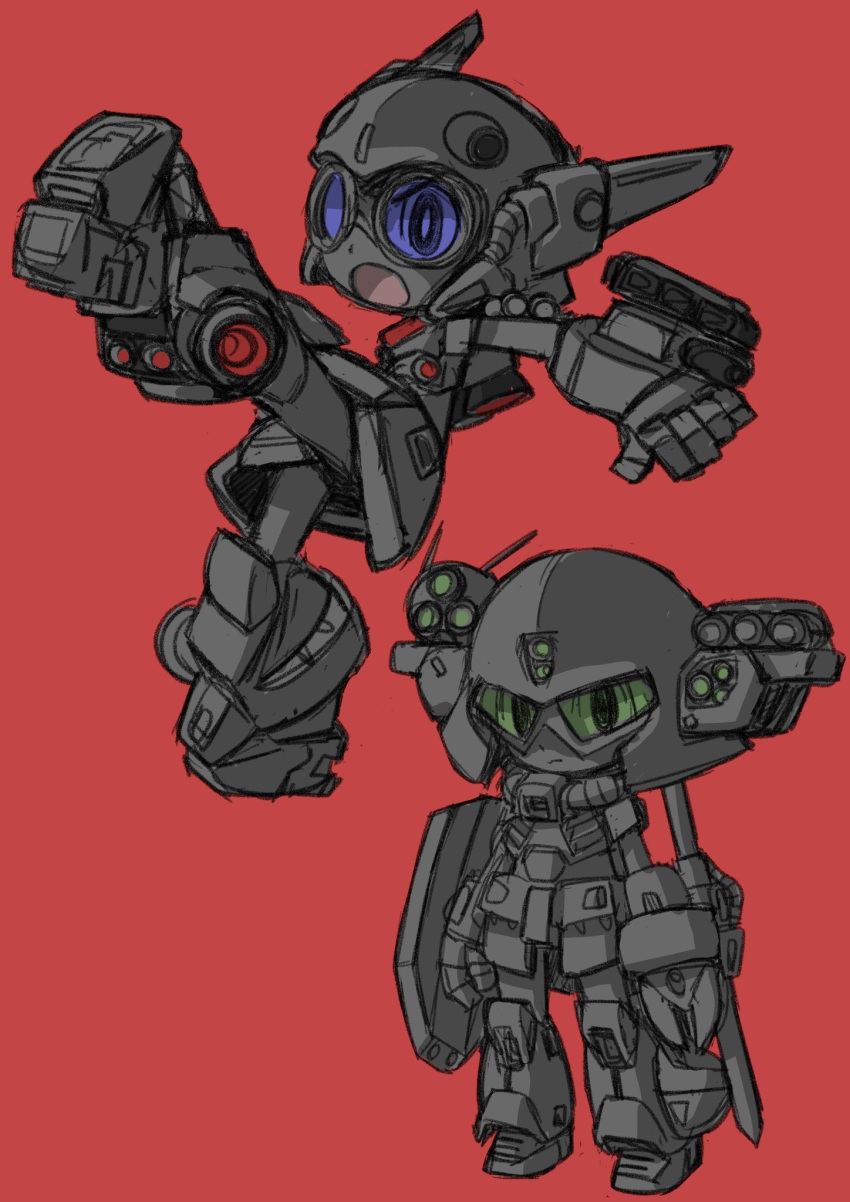 2girls, arm_mounted_weapon, arm_shield, armor, armored_boots, boots, closed_mouth, commentary_request