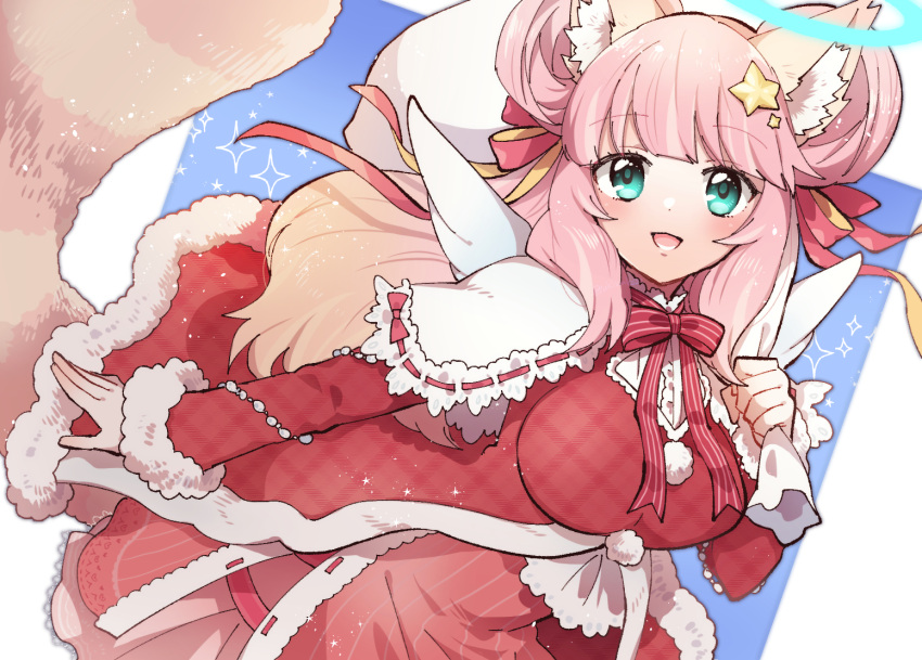 1girl, angel_wings, animal_ear_fluff, bag, blue_background, blue_eyes, blunt_bangs, bow, bowtie, capelet, double_bun, dress, frilled_capelet, frills, fur-trimmed_dress, fur_trim, hair_bun, hair_ornament, hair_ribbon, halo, holding, holding_bag, leppanyo_(show_by_rock!!), long_hair, long_sleeves, looking_at_viewer, mikan_tabetai, open_mouth, pink_hair, pom_pom_(clothes), red_bow, red_bowtie, red_dress, red_panda_ears, red_panda_girl, red_panda_tail, ribbon, santa_costume, show_by_rock!!, solo, star_(symbol), star_hair_ornament, white_capelet, white_wings, wings