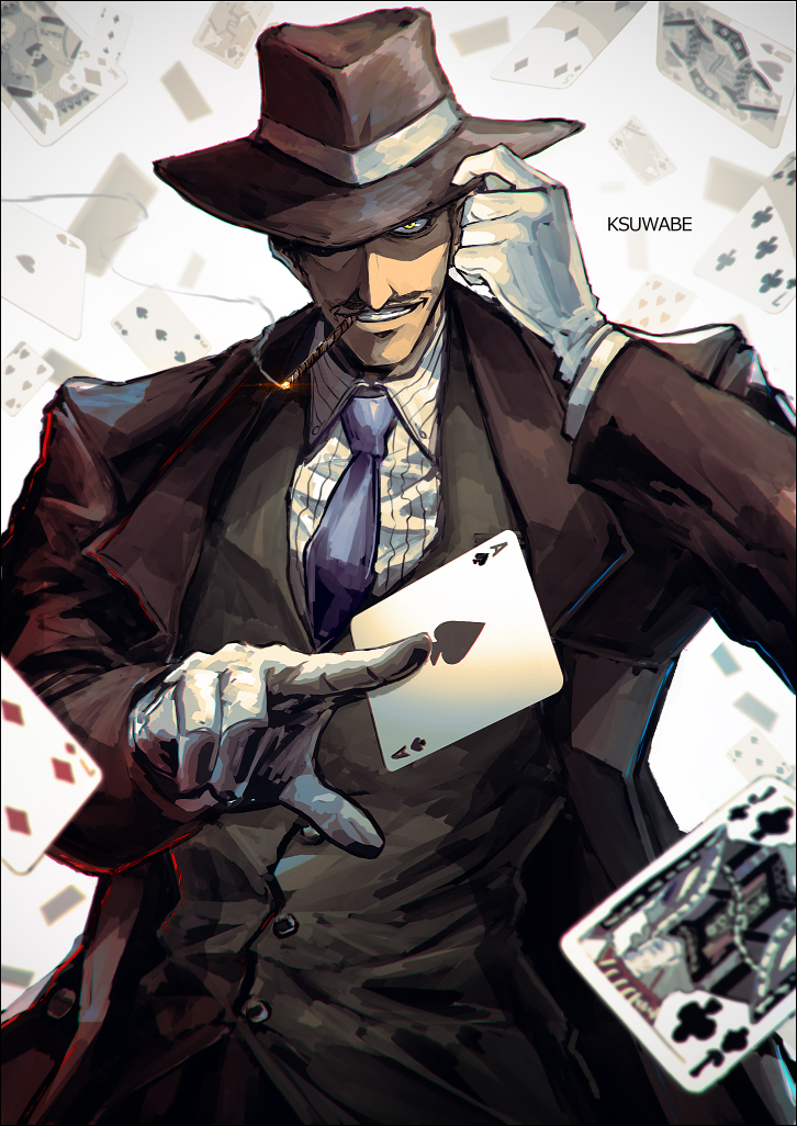 1boy, artist_name, black_suit, card, cigar, collared_shirt, facial_hair, fedora, formal, hat, hellsing, holding, holding_card, jacket, k-suwabe, lapels, male_focus, mustache, necktie, notched_lapels, pinstripe_pattern, pinstripe_shirt, playing_card, shirt, smoking, solo, suit, suit_jacket, tubalcain_alhambra, yellow_eyes