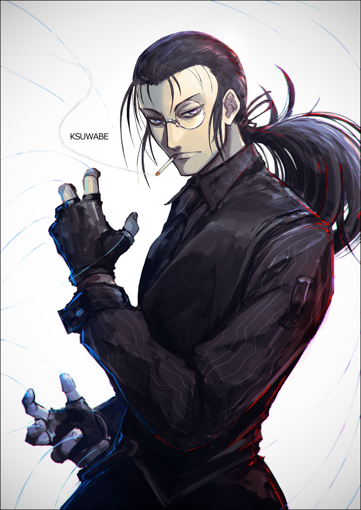 1boy, aged_down, artist_name, black_hair, black_vest, blue_eyes, butler, cigarette, fingerless_gloves, glasses, gloves, hellsing, k-suwabe, long_hair, male_focus, metal_wire, monocle, necktie, ponytail, smoking, solo, string, tobacco, vest, walter_c._dornez