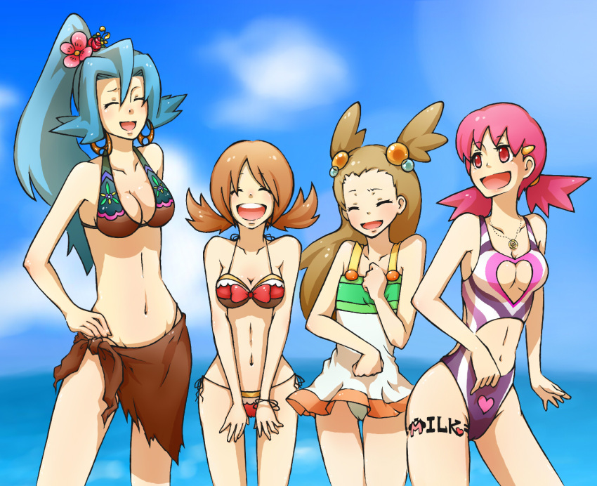 4girls, atrass, bikini, blue_hair, bow, bow_bikini, bracelet, breasts, brown_bikini, brown_hair, brown_sarong, clair_(pokemon), cleavage_cutout, clenched_hands, closed_eyes, clothing_cutout, earrings, english_text, flat_chest, flower, food-themed_hair_ornament, hair_bobbles, hair_flower, hair_ornament, hairclip, hand_on_own_chest, hand_on_own_hip, heart, hoop_earrings, jasmine_(pokemon), jewelry, large_breasts, laughing, leg_tattoo, long_hair, lyra_(pokemon), medium_breasts, multicolored_bikini, multicolored_clothes, multiple_girls, navel, necklace, ocean, one-piece_swimsuit, open_mouth, orange_hair_ornament, pendant, pink_hair, pink_one-piece_swimsuit, poke_ball_symbol, pokemon, pokemon_hgss, ponytail, purple_one-piece_swimsuit, red_bikini, red_bow, sarong, skirt, smile, stomach_cutout, string_bikini, swimsuit, swimsuit_skirt, tall_female, tattoo, text_tattoo, torn_clothes, torn_skirt, twintails, v_arms, water, white_one-piece_swimsuit, white_skirt, whitney_(pokemon), wide_hips, yellow_bikini