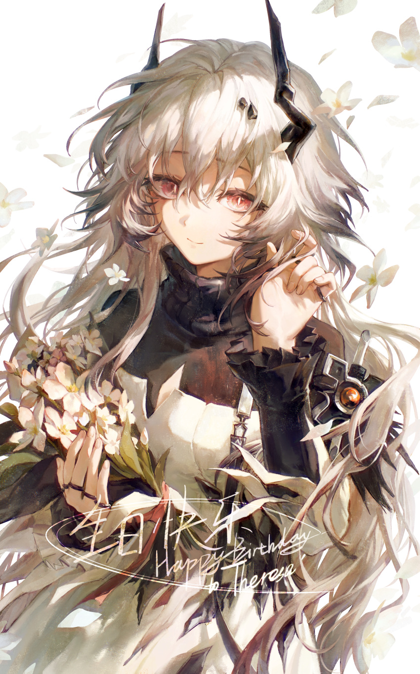 1girl, absurdres, arknights, black_dress, black_horns, bright_pupils, character_name, chinese_commentary