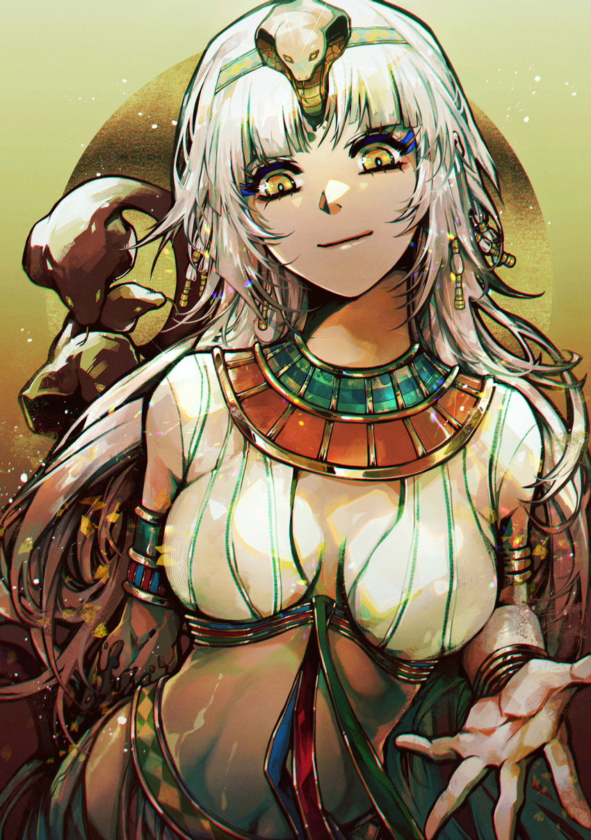 1girl, beads, blonde_hair, cleopatra_(megami_tensei), gradient_background, hair_beads, hair_ornament, highres