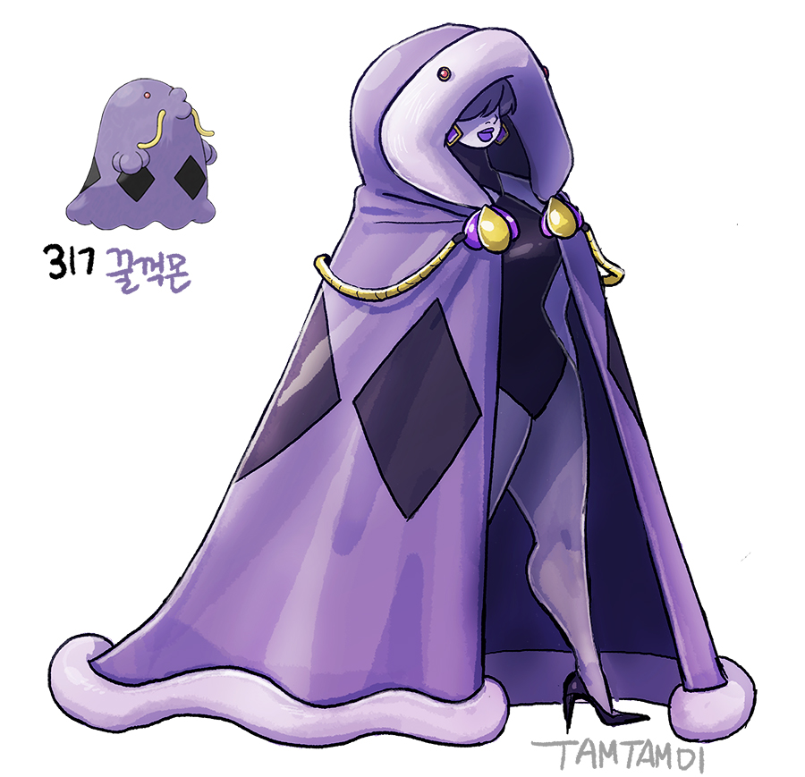 1girl, black_footwear, black_leotard, cape, character_name, cloak, colored_skin, diamond_(shape)