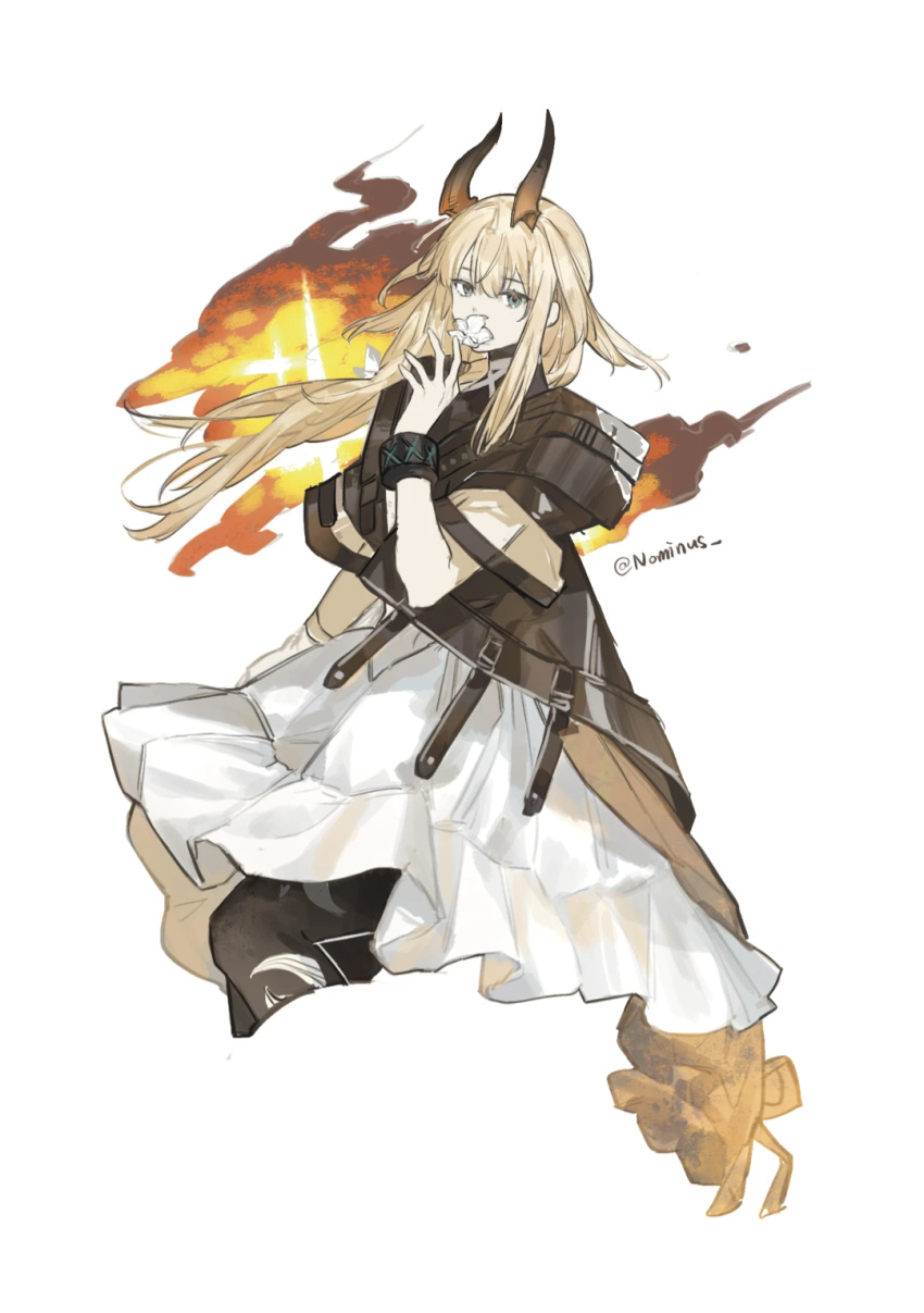 1girl, arknights, artist_name, blonde_hair, brown_horns, chinese_commentary, commentary_request, covered_mouth