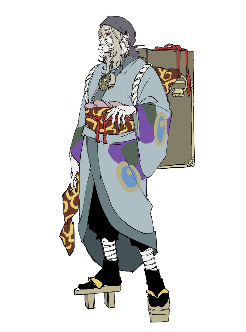 1boy, 9t4um0fpin35758, absurdres, bandaged_leg, bandages, black_pants, black_socks, blonde_hair, eyeshadow, facepaint, facing_to_the_side, fingernails, full_body, geta, grey_bandana, hair_between_eyes, highres, japanese_clothes, kusuriuri_(mononoke), long_fingernails, long_hair, makeup, male_focus, mononoke, multicolored_nails, pale_skin, pants, pointy_ears, red_eyeshadow, sandals, socks, solo, white_background