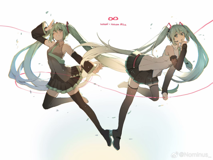 1girl, :d, :o, aqua_hair, arm_up, bare_shoulders, black_skirt, black_sleeves