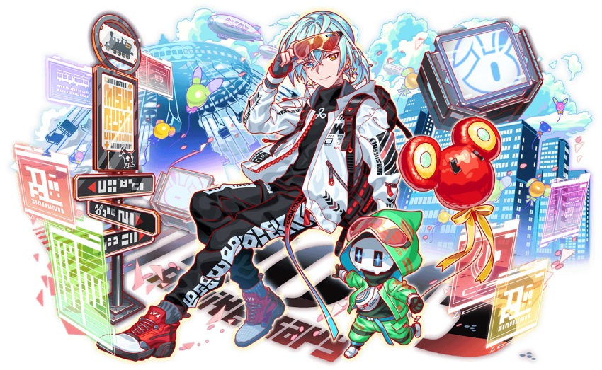 1boy, adapted_costume, agent_joe, aircraft, alternate_costume, ankle_socks, aqua_belt, aqua_eyes, aqua_hair, arrow_print, artist_request, backpack, bag, balloon, black_bag, black_collar, black_hoodie, black_pants, cel_shading, character_balloon, city, clouds, cloudy_sky, collar, collared_jacket, crash_fever, cross-laced_footwear, dirigible, earrings, eyewear_on_head, fingerless_gloves, full_body, game_cg, gloves, green_collar, green_hood, green_jacket, green_pants, green_shirt, grey_gloves, grey_socks, holding, holding_removed_eyewear, hood, hooded_jacket, hoodie, jacket, jerry_(crash_fever), jewelry, lanyard, male_focus, mask, official_alternate_costume, official_art, one_eye_closed, orange-tinted_eyewear, orange_ribbon, outdoors, outline, pants, pocket, red_footwear, red_outline, ribbon, screen, shirt, sign, skull_mask, sky, socks, solo, sparkling_eyes, star_(symbol), star_earrings, tachi-e, television, text_print, tinted_eyewear, train_print, transparent_background, turtleneck, two-sided_hood, two-tone_footwear, unworn_eyewear, usagi_(crash_fever), volume_symbol, walking, watt_(crash_fever), white_footwear, white_jacket, white_sleeves, zipper