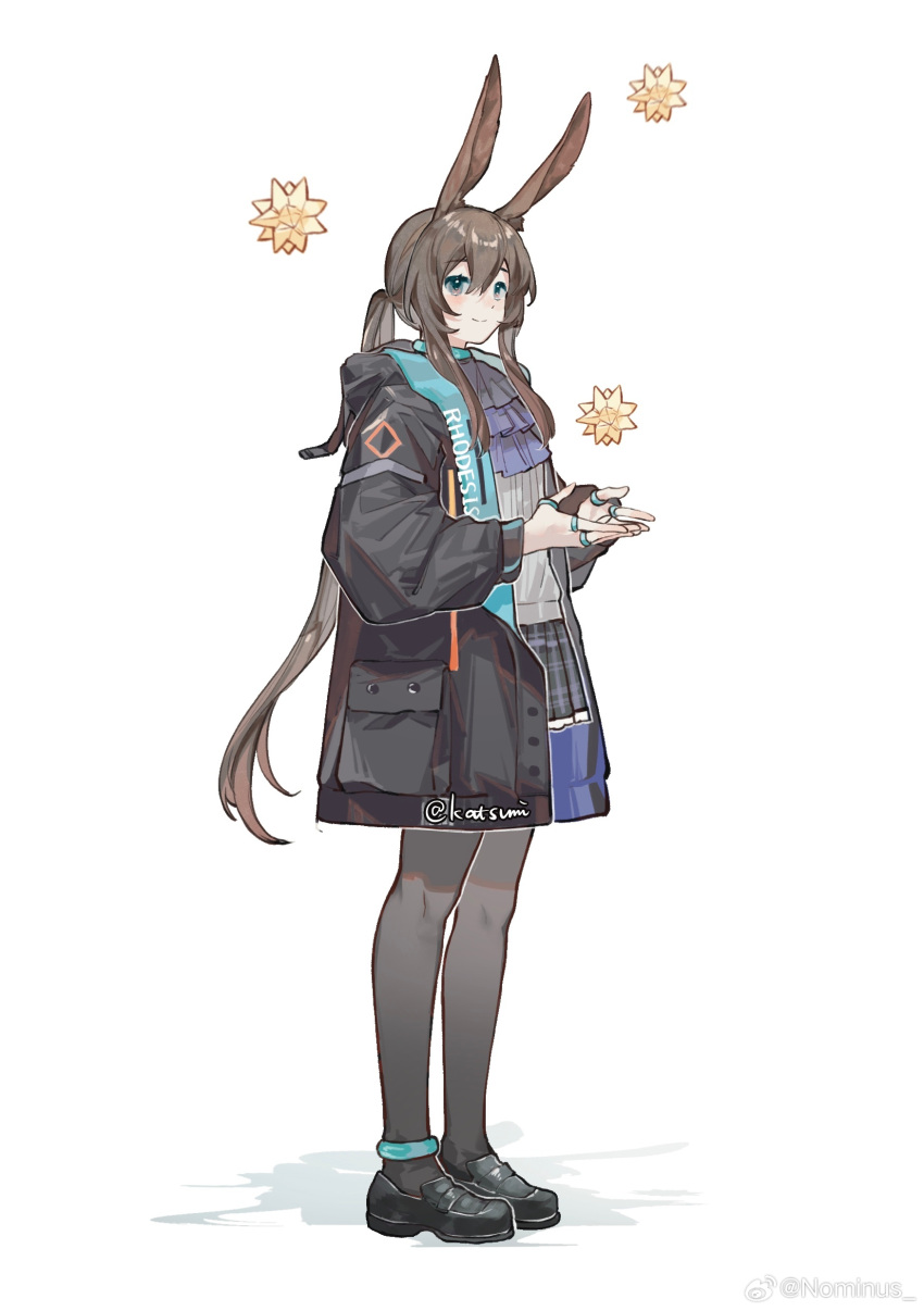 1girl, absurdres, amiya_(arknights), animal_ears, anklet, arknights, ascot, black_coat