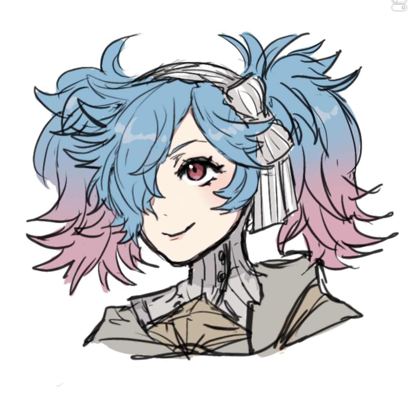 1girl, blue_hair, fire_emblem, fire_emblem_fates, gradient_hair, hair_over_one_eye, highres, looking_to_the_side, multicolored_hair, peri_(fire_emblem), pink_hair, portrait, red_eyes, solo, twintails, two-tone_hair, yuki12046