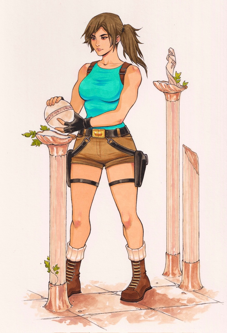 1girl, ball, belt, black_belt, blue_tank_top, boots, breasts, brown_eyes, brown_footwear, brown_hair, brown_shorts, commentary, english_commentary, full_body, highres, holding, holding_ball, holster, kasia_nie, lara_croft, medium_breasts, ponytail, short_shorts, shorts, solo, tank_top, tomb_raider, toned
