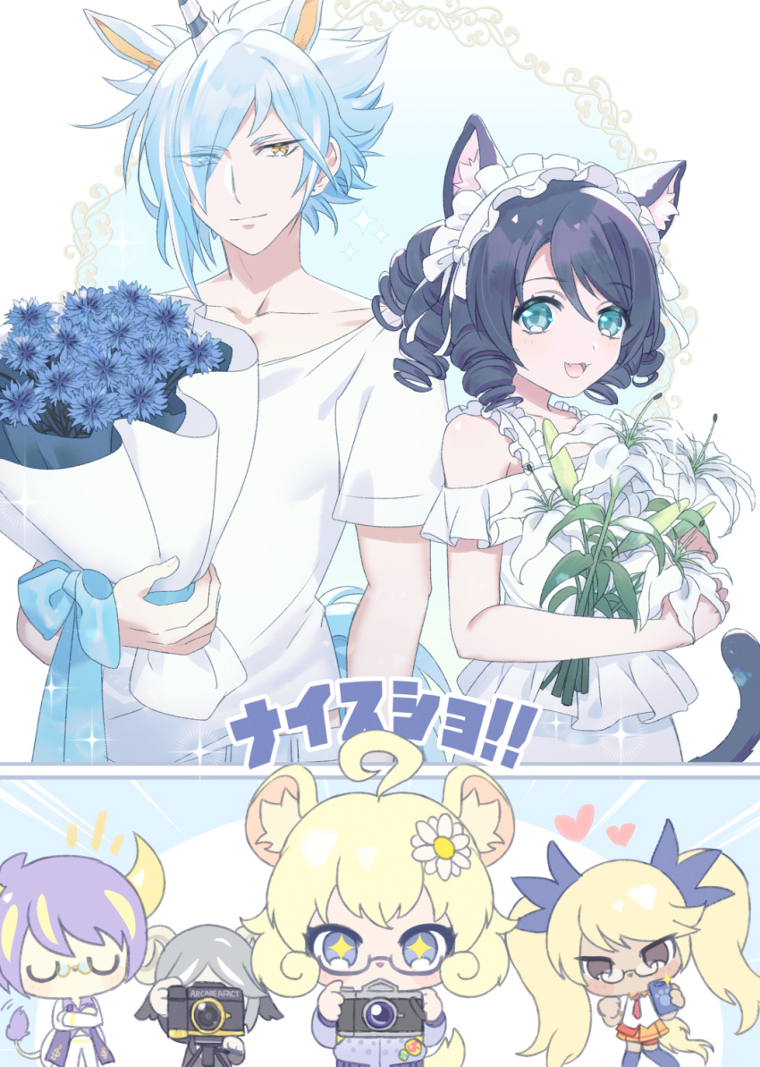 3boys, 3girls, ahoge, animal_ears, blue_eyes, blue_hair, bouquet, camera
