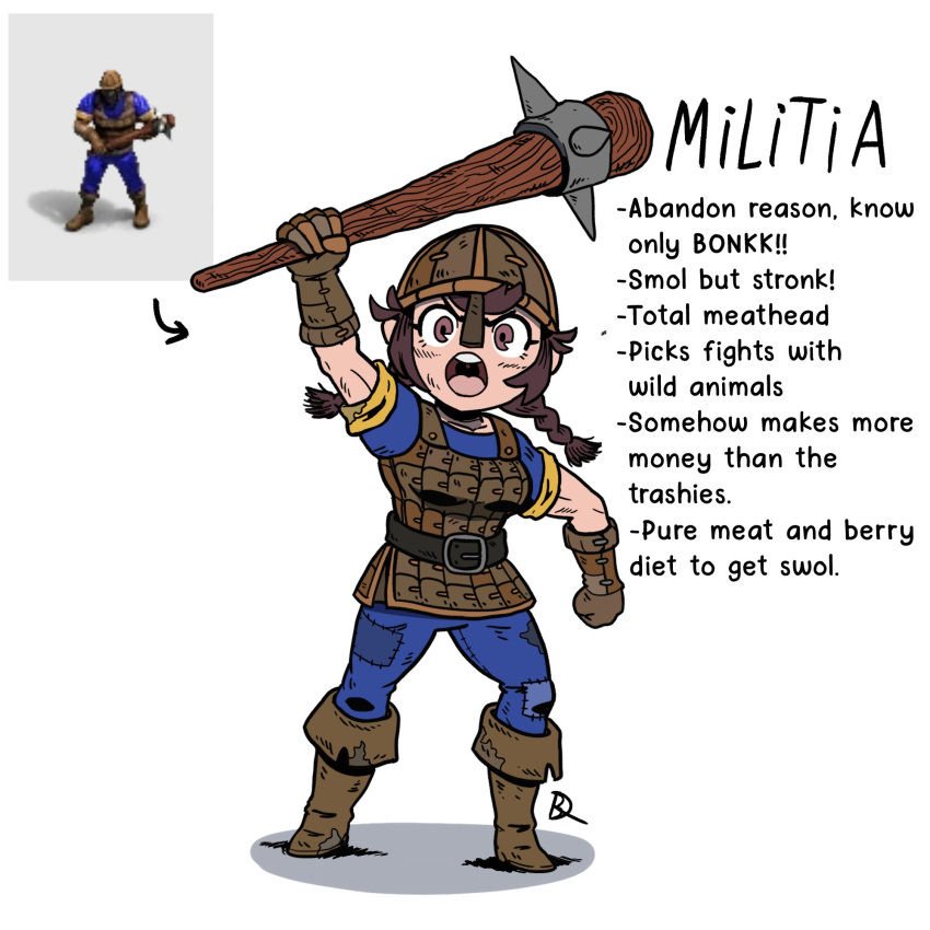 1boy, 1girl, age_of_empires_ii, armor, boots, brown_hair, club_(weapon), combat_helmet