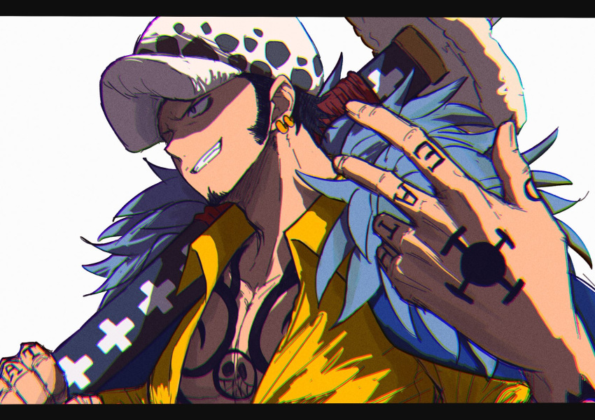 1boy, abs, black_hair, blue_fur, chest_tattoo, collared_shirt, earrings, finger_tattoo, fur_trim, grin, hand_tattoo, hand_up, hat, highres, holding, holding_sword, holding_weapon, jewelry, koma_heron, long_sword, looking_to_the_side, male_focus, multiple_earrings, multiple_tattoos, one_piece, open_clothes, open_shirt, profile, shirt, sideburns, simple_background, small_pupils, smile, solo, sword, tattoo, trafalgar_law, upper_body, weapon, white_background, yellow_shirt