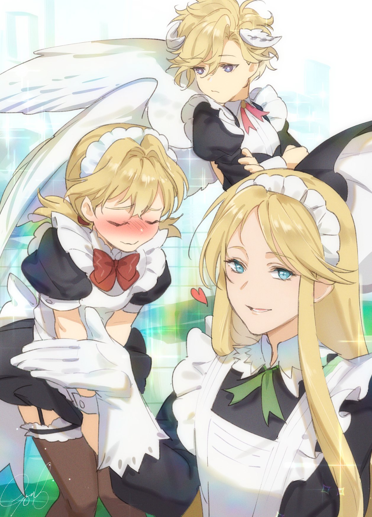 3boys, angel, apron, aramis_(unicorn_overlord), averting_eyes, bishounen, black_dress, blonde_hair