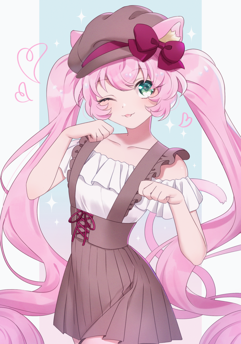 :3, ;d, alternate_costume, animal_ears, blue_background, bow, brown_dress, brown_hat, cabbie_hat, cat_ears, cat_girl, cat_tail, collarbone, cowboy_shot, dress, frilled_shirt, frills, green_eyes, hair_bow, hat, heart, heart_of_string, highres, long_hair, looking_at_viewer, mel6969, off-shoulder_shirt, off_shoulder, one_eye_closed, open_mouth, outside_border, paw_pose, pillarboxed, pinafore_dress, pink_hair, rosia_(show_by_rock!!), shirt, show_by_rock!!, simple_background, sleeveless, sleeveless_dress, smile, sparkle, standing, tail, twintails, white_shirt