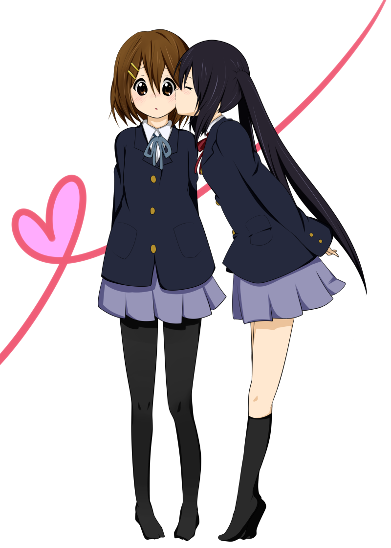black_pantyhose, blush, brown_eyes, brown_hair, closed_eyes, hirasawa_yui, k-on!, kiss