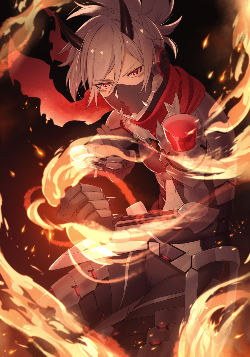 1boy, armor, covered_mouth, cowboy_shot, demon_horns, embers, fire, grey_hair