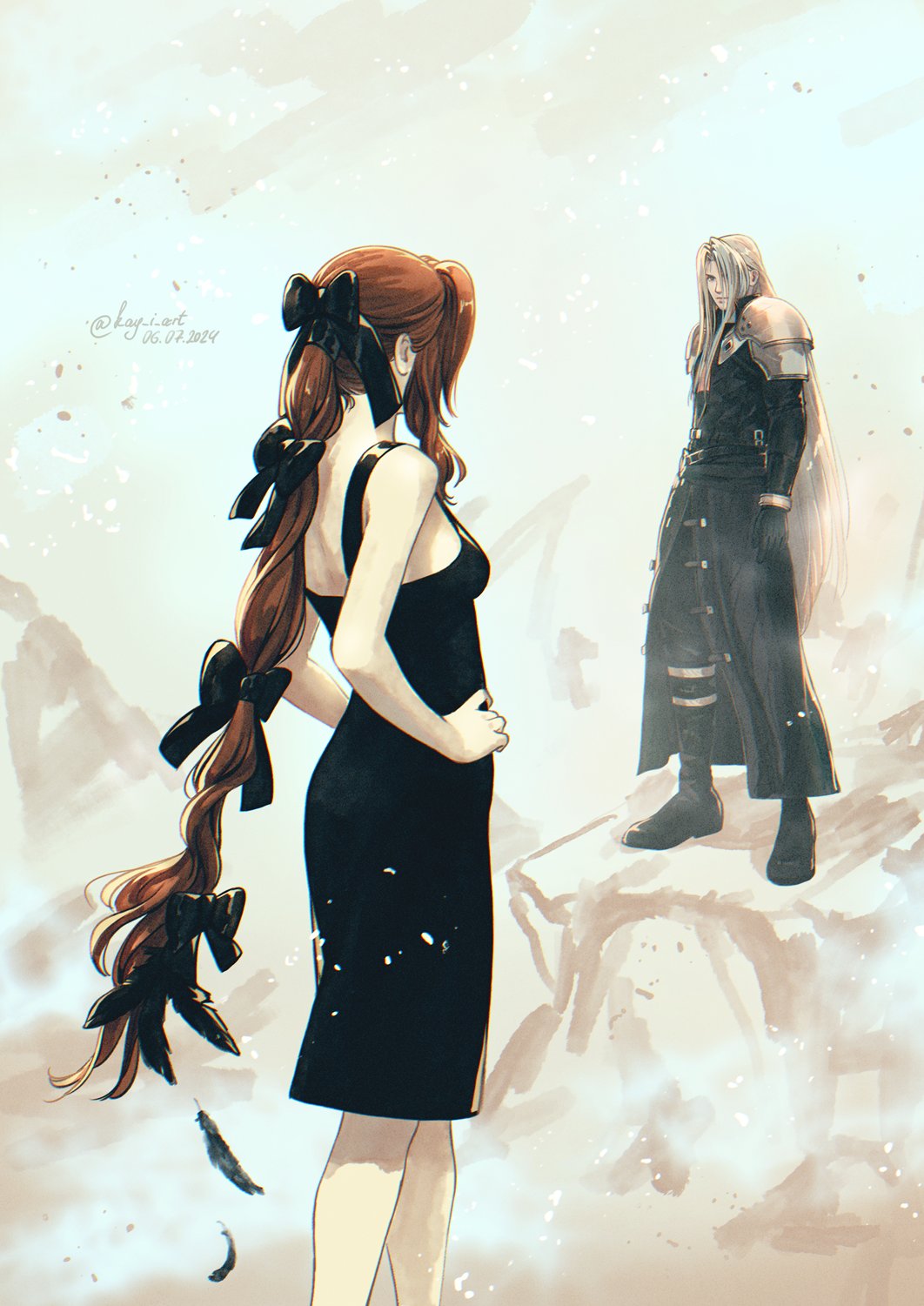 1boy, 1girl, aerith_gainsborough, alternate_costume, armor, bare_arms, bare_shoulders, black_bow, black_coat, black_dress, black_footwear, black_pants, boots, bow, breasts, brown_hair, coat, dated, dress, feet_out_of_frame, final_fantasy, final_fantasy_vii, final_fantasy_vii_rebirth, final_fantasy_vii_remake, full_body, grey_hair, hair_bow, hands_on_own_hips, highres, kay-i, long_bangs, long_coat, long_hair, long_sleeves, looking_at_another, medium_breasts, multi-tied_hair, pants, parted_bangs, ponytail, sephiroth, shoulder_armor, sidelocks, twitter_username, wavy_hair