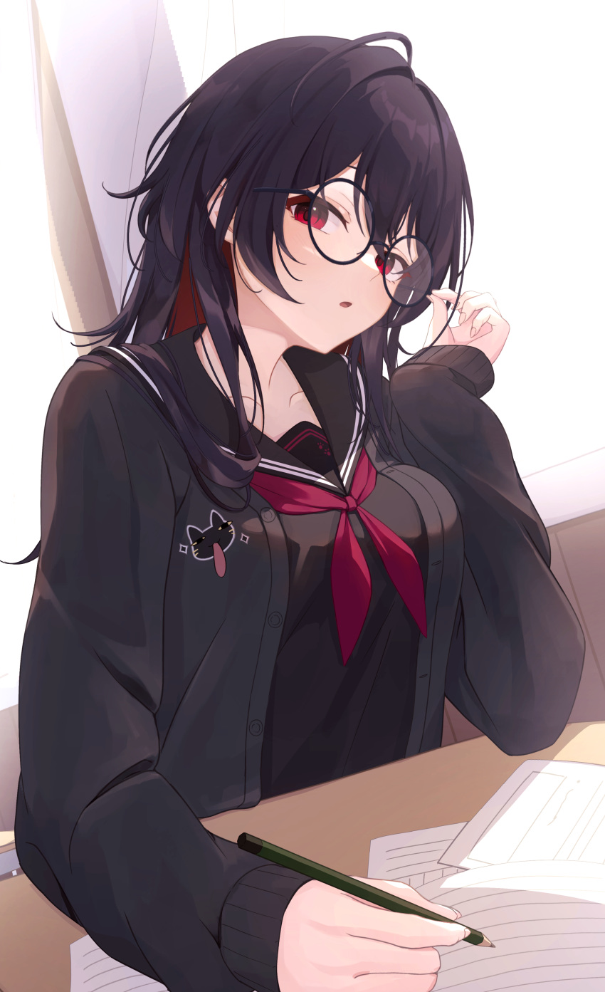 1girl, absurdres, adjusting_eyewear, black_hair, black_sailor_collar, black_serafuku, breasts, cardigan