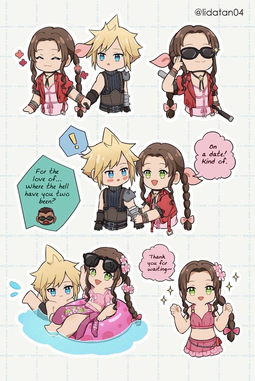 !, 1girl, 2boys, :3, aerith_gainsborough, aerith_gainsborough_(floral_delight), aerith_gainsborough_(pink_mermaid), armor