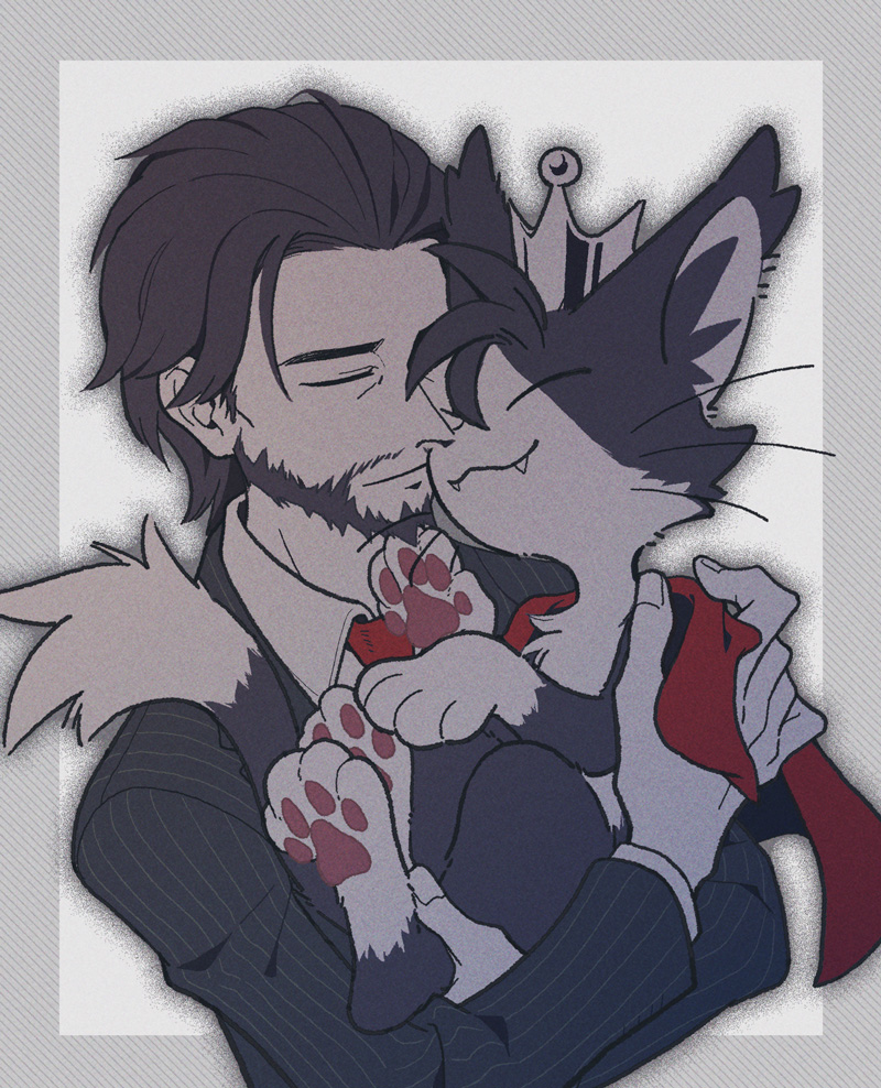 1boy, animal, animal_hands, black_fur, black_hair, border, cait_sith_(ff7), cape
