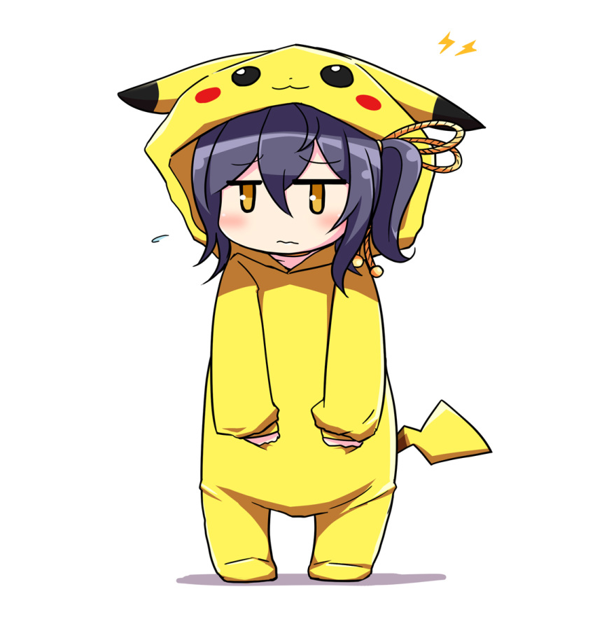 1girl, :3, blue_hair, blush_stickers, cosplay, flying_sweatdrops, full_body, hair_ornament