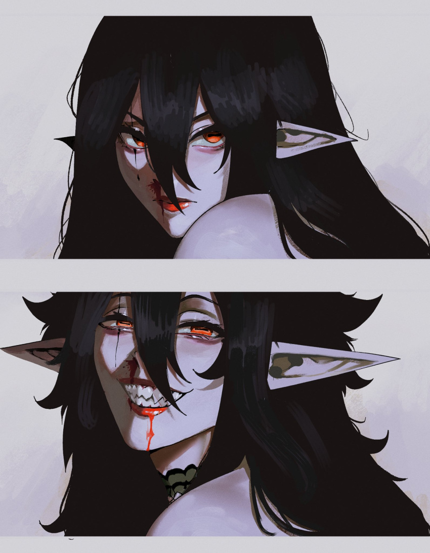 1girl, aged_up, alternate_hair_color, black_hair, blood, blood_from_mouth, blood_on_face, bloodlight_(nyantcha)