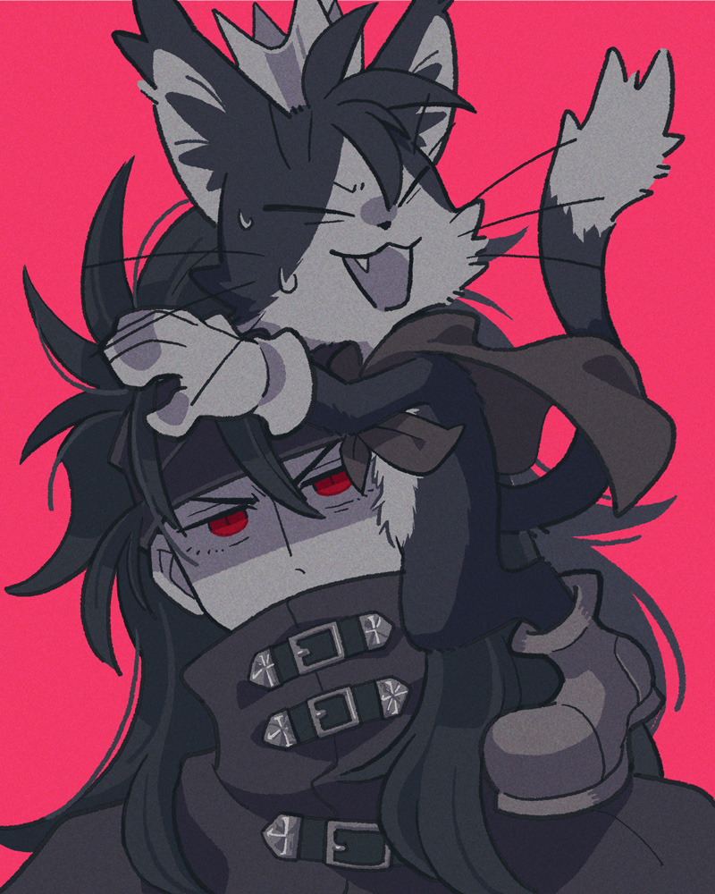 1boy, animal_on_head, annoyed, black_fur, black_hair, boots, cait_sith_(ff7), cape