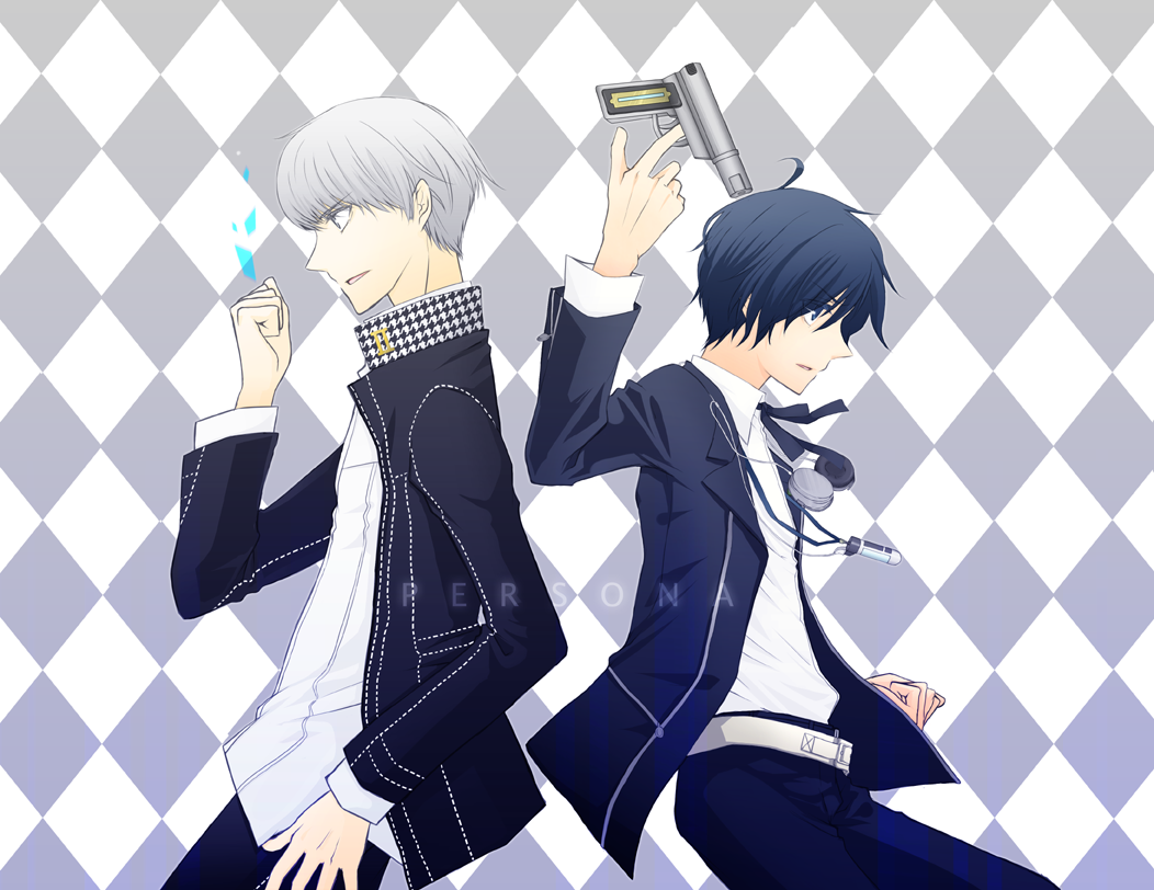 arisato_minato, blue_eyes, blue_hair, bow, digital_media_player, evoker, grey_eyes, grey_hair, gun, headphones, male, mp3player, multiple_boys, narukami_yuu, oh-mame, persona, persona_3, persona_4, ribbon, school_uniform, seta_souji, weapon