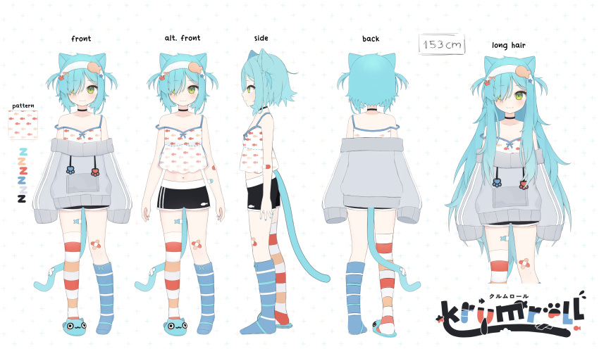 1girl, absurdres, animal_ears, animal_print, asymmetrical_legwear, bandaid, bandaid_on_arm, bandaid_on_knee, bandaid_on_leg, black_choker, black_shorts, blue_hair, blue_socks, bow, camisole, cat_ears, cat_tail, character_name, choker, closed_mouth, collarbone, color_guide, fish_print, from_behind, from_side, green_eyes, grey_sweater, hair_bow, hair_ornament, hairband, highres, indie_virtual_youtuber, krumroll, krumroll_(artist), mismatched_legwear, multicolored_thighhighs, multiple_views, navel, off-shoulder_sweater, off_shoulder, orange_thighhighs, paw_hair_ornament, red_thighhighs, reference_sheet, short_hair, shorts, single_slipper, slippers, socks, star_(symbol), star_hair_ornament, strap_slip, striped_clothes, striped_thighhighs, sweater, tail, thigh-highs, two_side_up, virtual_youtuber, white_camisole, white_hairband, white_thighhighs, yellow_bow