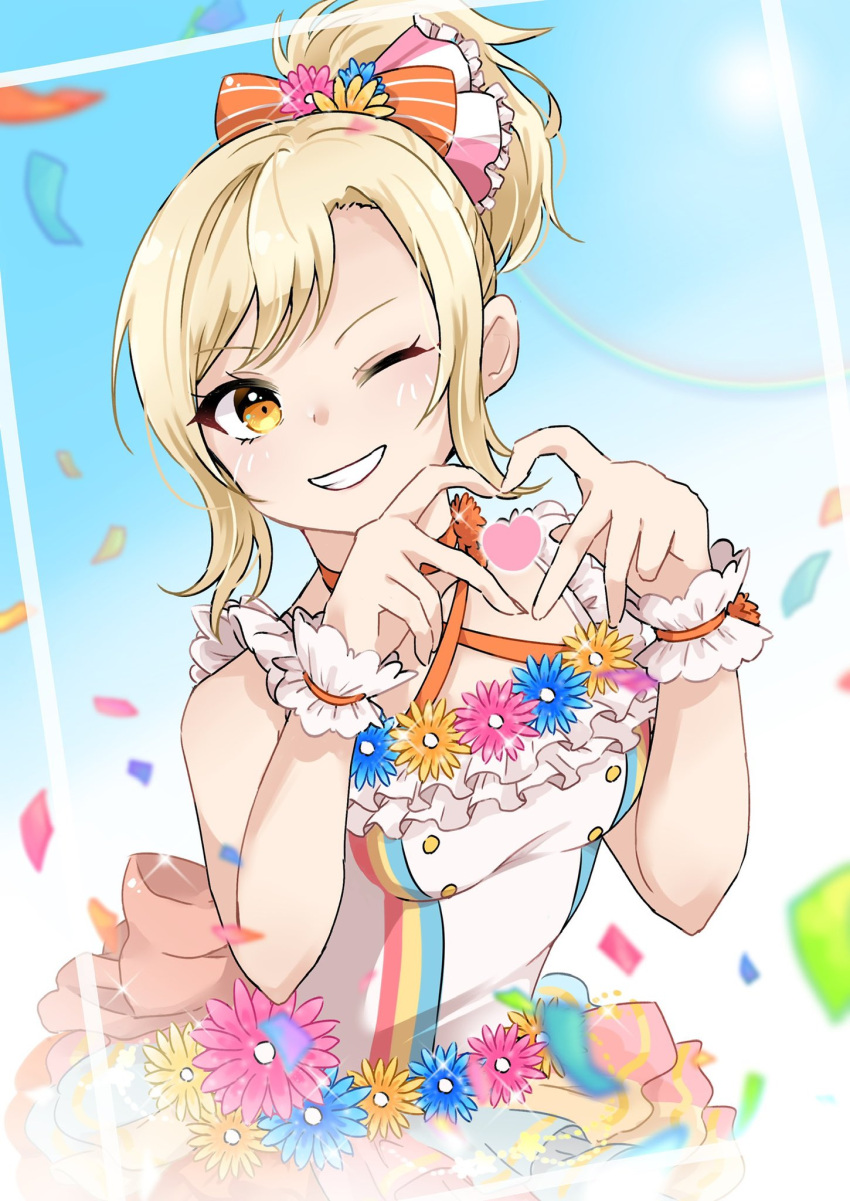 1girl, blonde_hair, commentary_request, confetti, hands_up, heart, heart_hands, high_ponytail