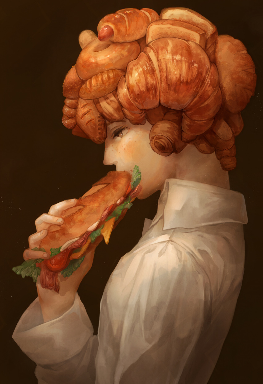 1other, absurdres, androgynous, bagel, bread, bread_slice, brown_background, brown_eyes