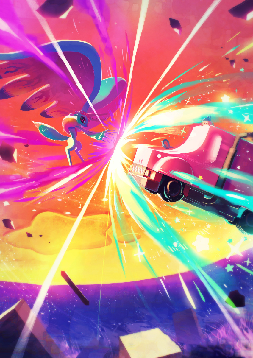 3boys, absurdres, animal_ears, antlers, aura, bandana_waddle_dee, big-rig_mouth, car, claws, elfilin, fecto_elfilis, floating, furry, highres, horns, kirby, kirby_(series), kirby_and_the_forgotten_land, motor_vehicle, mouse_ears, mouthful_mode, multiple_boys, notched_ear, planet, sparkle, spoilers, star_(symbol), suyasuyabi, tail, wing_ears, wings