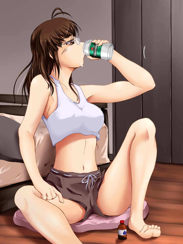 antenna_hair, bad_feet, bad_id, barefoot, beer, bottle, breasts, brown_eyes