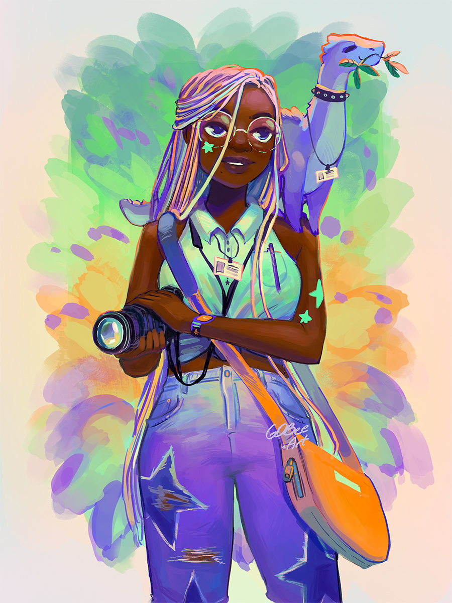 1girl, abstract_background, animal_on_shoulder, bag, blue_eyes, breast_pocket, camera, collar