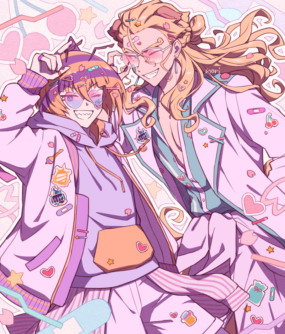 2boys, ;d, adjusting_eyewear, animal_ears, antennae, artist_name, blonde_hair, blue_eyes