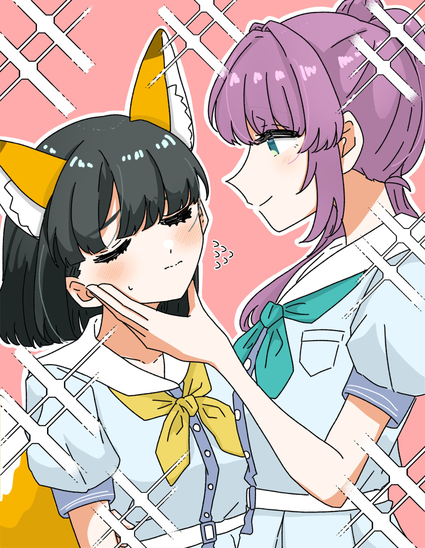 2girls, absurdres, animal_ears, aqua_neckerchief, black_hair, blue_dress, blunt_bangs, blunt_ends