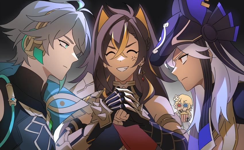 2boys, 2girls, 3d_glasses, alhaitham_(genshin_impact), angduuuu_(ghost), anger_vein, animal_hat, black_gloves, black_hair, black_hat, closed_eyes, closed_mouth, crossed_bangs, cyno_(genshin_impact), dark-skinned_female, dark-skinned_male, dark_skin, dehya_(genshin_impact), detached_sleeves, earrings, english_commentary, fingerless_gloves, flower, food, genshin_impact, gloves, green_hair, grey_hair, grin, hair_between_eyes, hair_ears, hair_flower, hair_ornament, hat, highres, jewelry, long_hair, lumine_(genshin_impact), multicolored_hair, multiple_boys, multiple_girls, orange_hair, own_hands_together, popcorn, red_eyes, shirt, simple_background, single_earring, single_fingerless_glove, smile, sparkle, white_hair