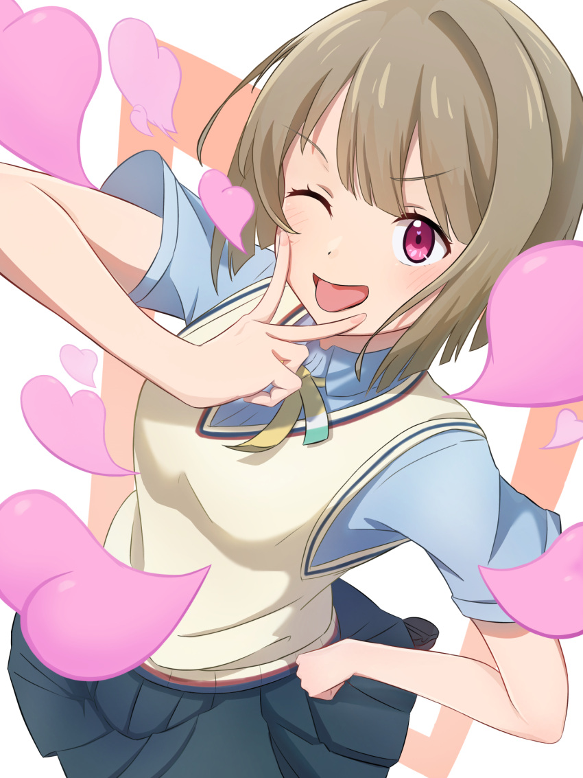 1girl, blue_shirt, blue_skirt, blush, collared_shirt, commentary_request, grey_hair, hand_on_own_hip