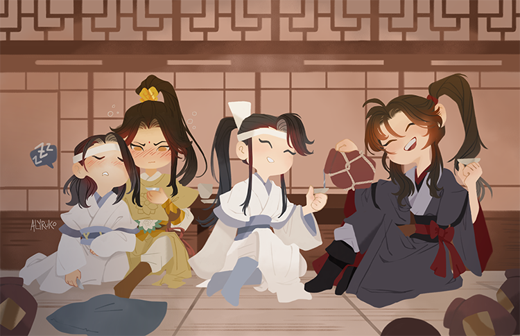4boys, alyruko, bell, bindi, black_hanfu, blue_trim, blush, chinese_clothes, closed_eyes, hair_ornament, hanfu, headband, holding, holding_jar, indoors, instrument, jar, jin_ling, lan_jingyi, lan_sizhui, male_focus, modao_zushi, multiple_boys, music, neck_bell, on_floor, ponytail, pouring, sitting, sleeping, smile, spoken_zzz, table, tongue, tongue_out, wei_wuxian, white_hanfu, white_headband, yellow_eyes, yellow_hanfu, zzz
