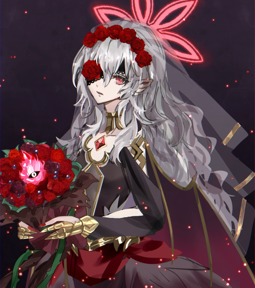 1girl, black_dress, bouquet, bride, closed_mouth, dress, embla_(closed-off_bride)_(fire_emblem), embla_(fire_emblem), eyelashes, eyepatch, fire_emblem, fire_emblem_heroes, flower, flower_eyepatch, grey_hair, hair_flower, hair_ornament, halo, helen_(helen2210hk), highres, holding, holding_bouquet, long_hair, looking_at_viewer, official_alternate_costume, pointy_ears, red_eyes, red_halo, solo, upper_body