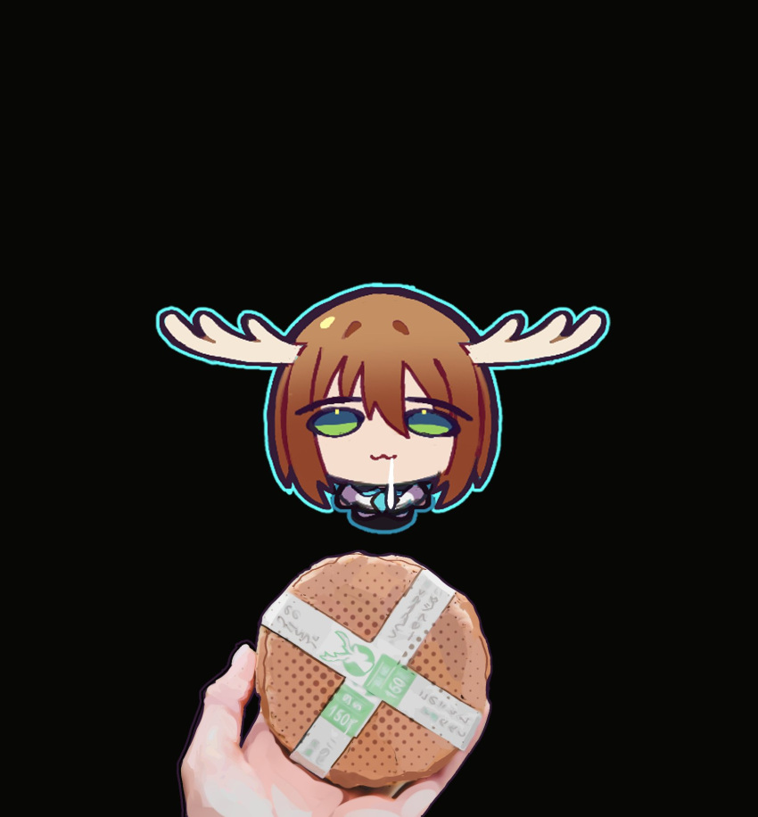 1girl, 1other, :3, antlers, black_background, brown_hair, chibi, deer_antlers